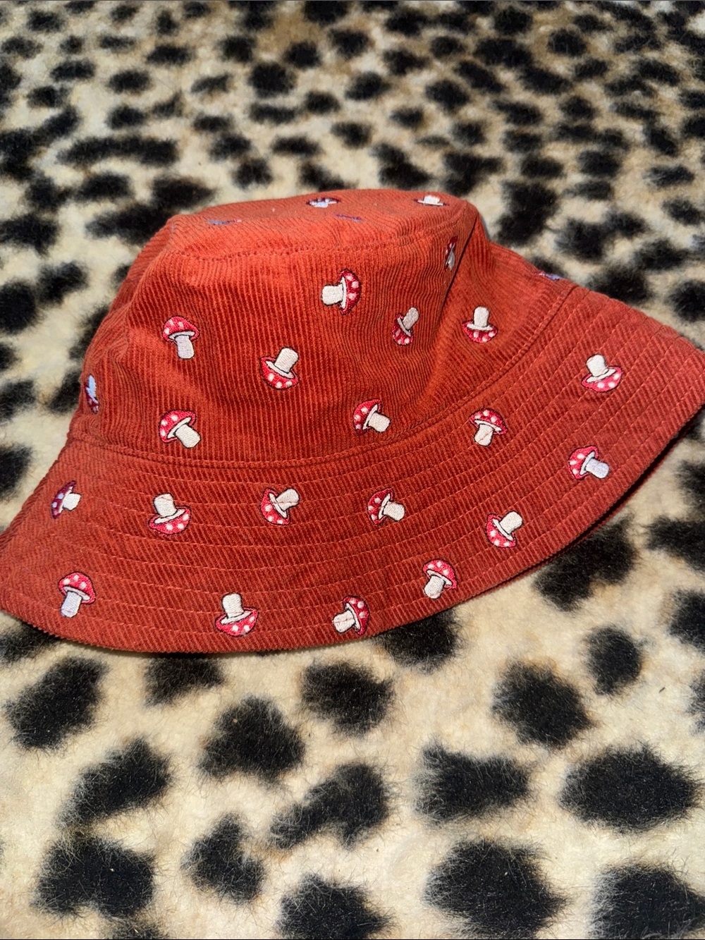 Urban Outfitters Rust Red Corduroy Mushroom Embroidered Bucket Hat